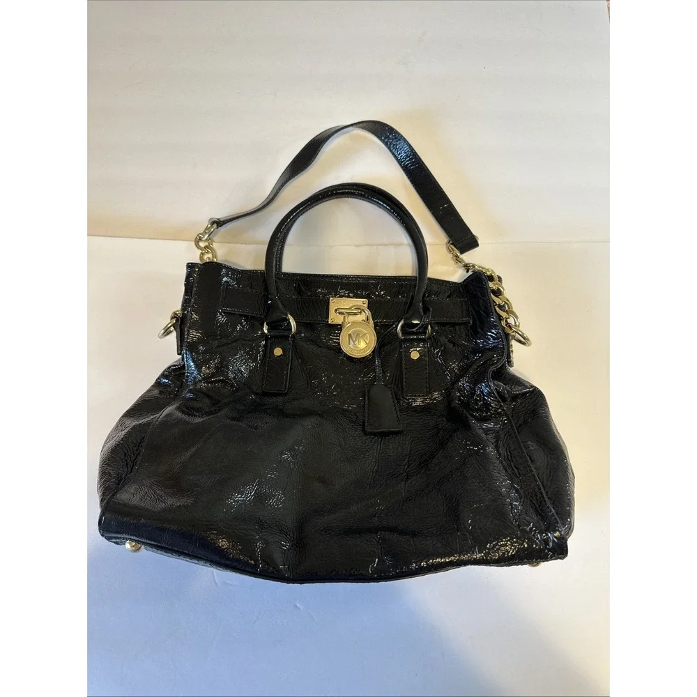 Michael Kors Black Large Satchel Top Handle Lock Chain Strap Gold Hardware